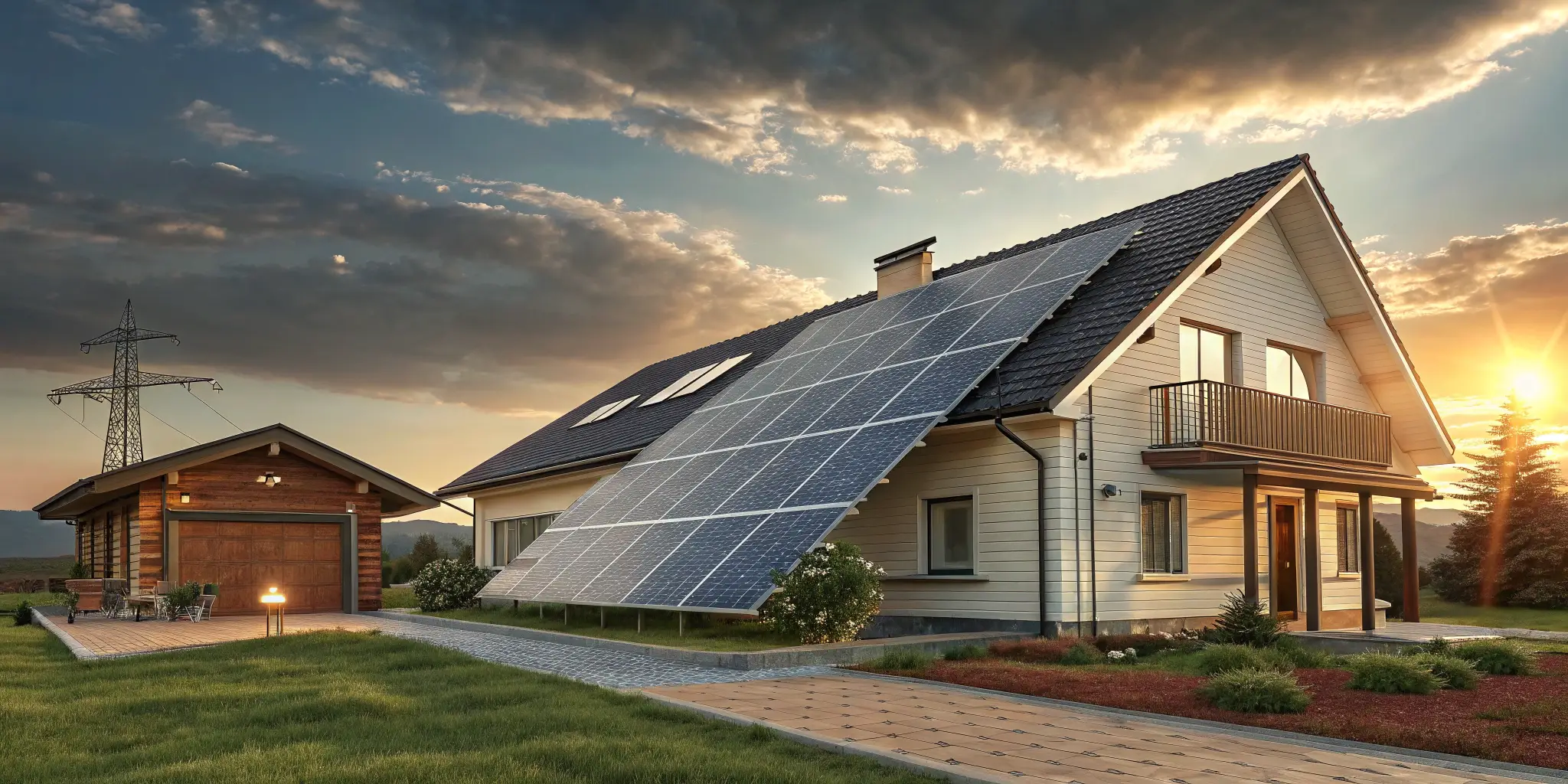 Modern home with solar panels at sunset, sustainable energy solution