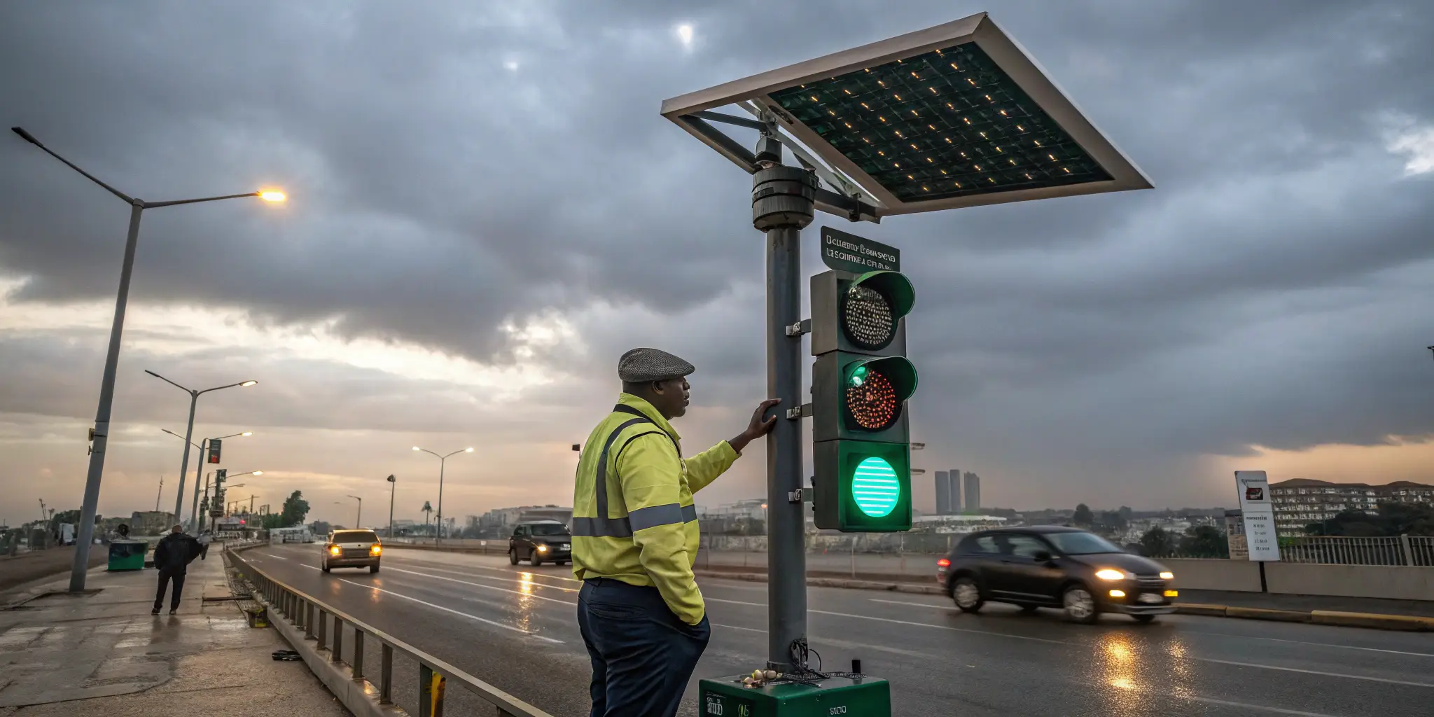 Technician monitoring solar traffic light system with lithium-ion battery
