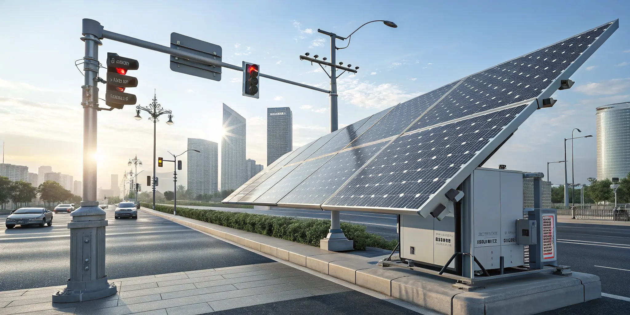 Large solar panel system powering a modern traffic light in an urban setting, emphasizing renewable energy integration