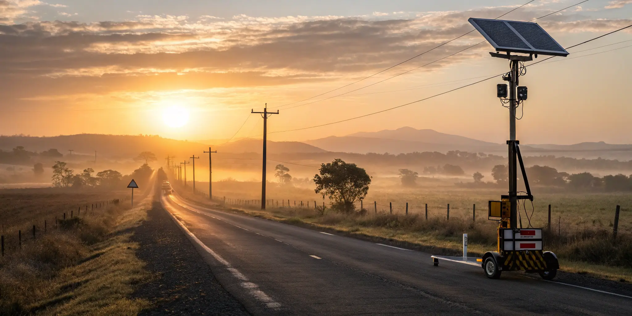 Portable solar-powered traffic light on a rural road at sunrise