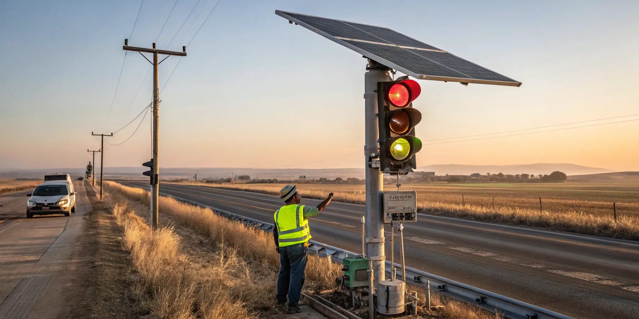 Solar-powered traffic light in a rural area with technician performing maintenance