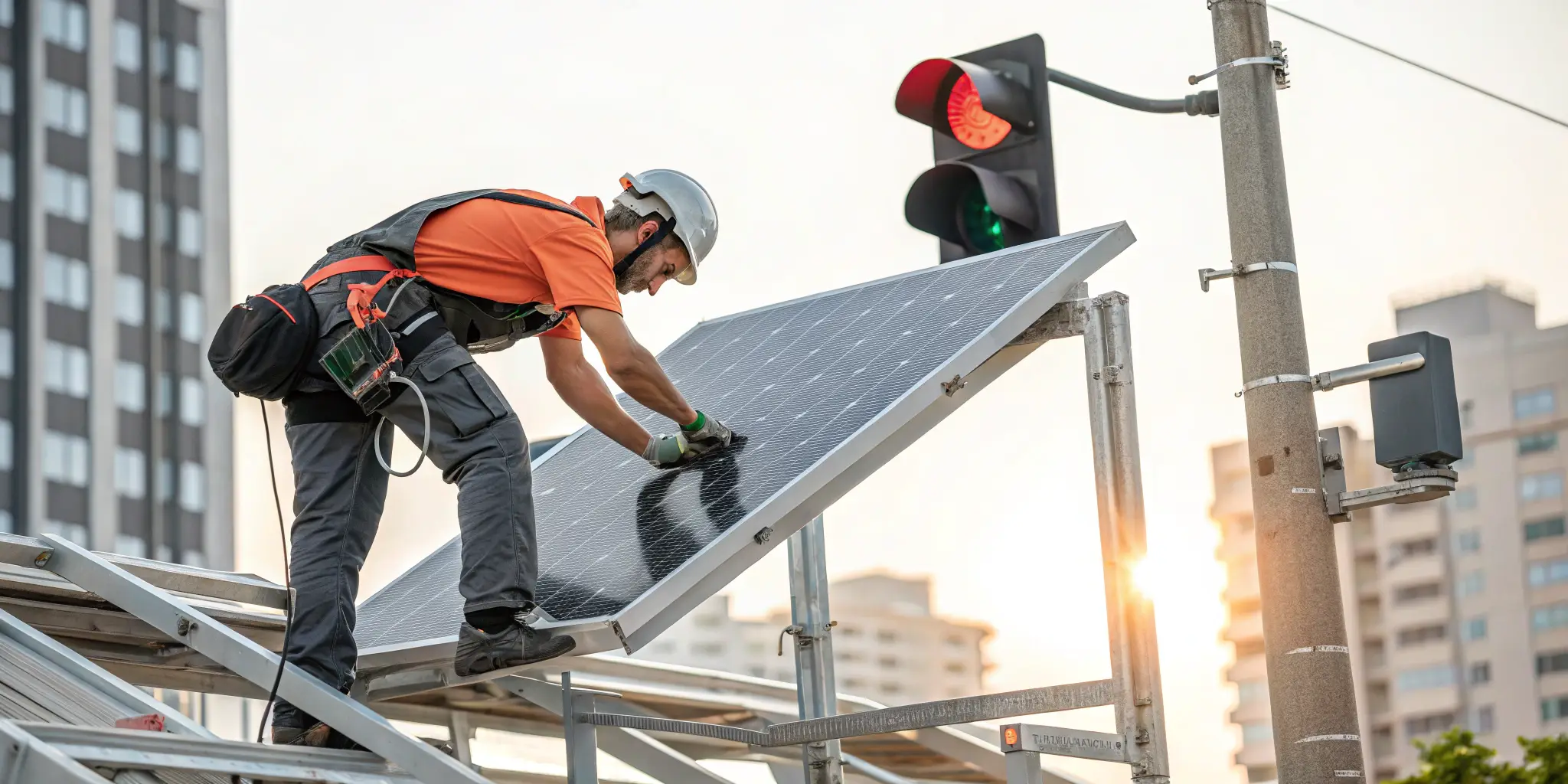 Technician installing a solar panel for a solar-powered traffic light in an urban setting