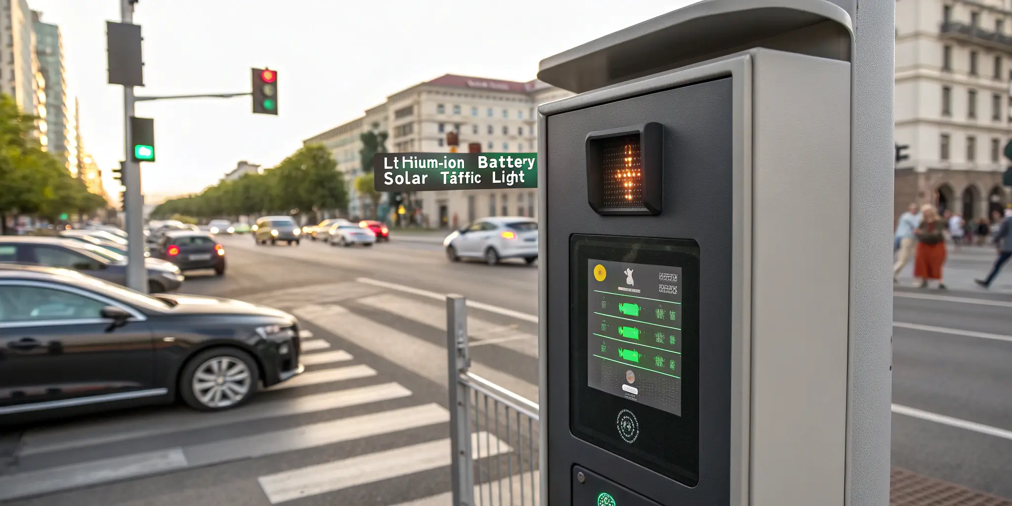 Close-up of lithium-ion battery in solar traffic light with digital charge display