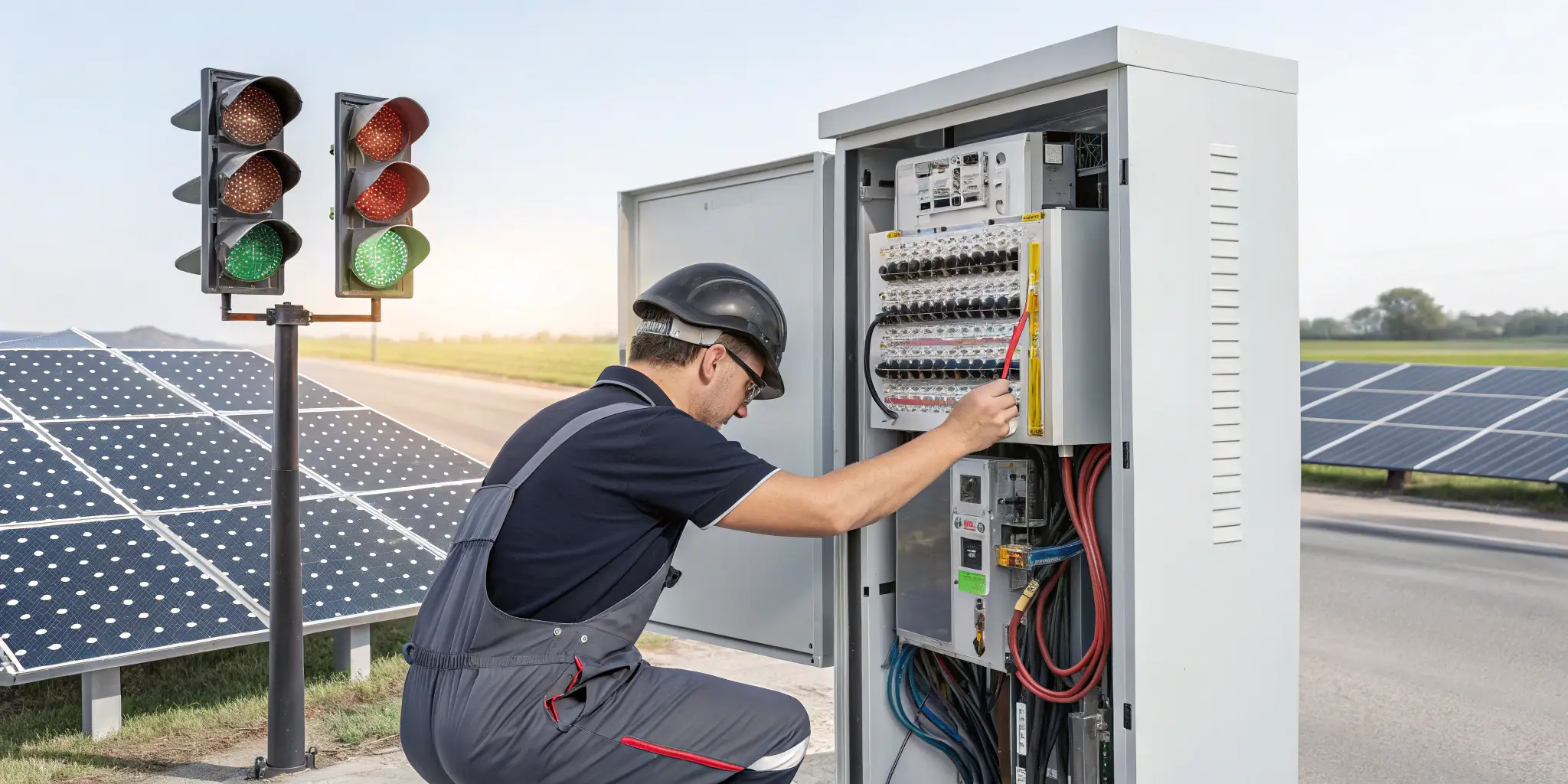 Technician maintaining a deep-cycle lead-acid battery in a solar-powered traffic light system