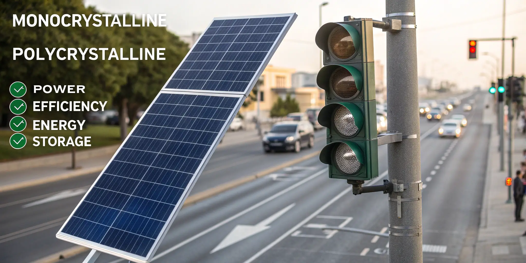 Solar-powered traffic light with a comparison of monocrystalline and polycrystalline solar panels, highlighting power, efficiency, energy, and storage benefits