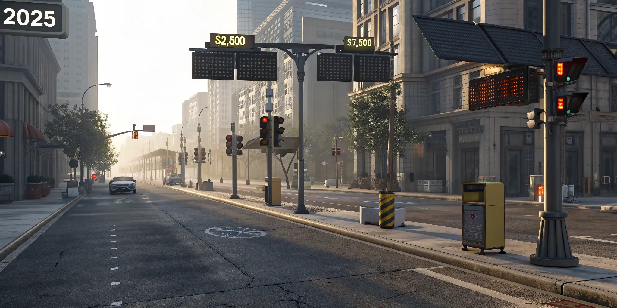 Urban street with solar-powered traffic lights and pricing signs