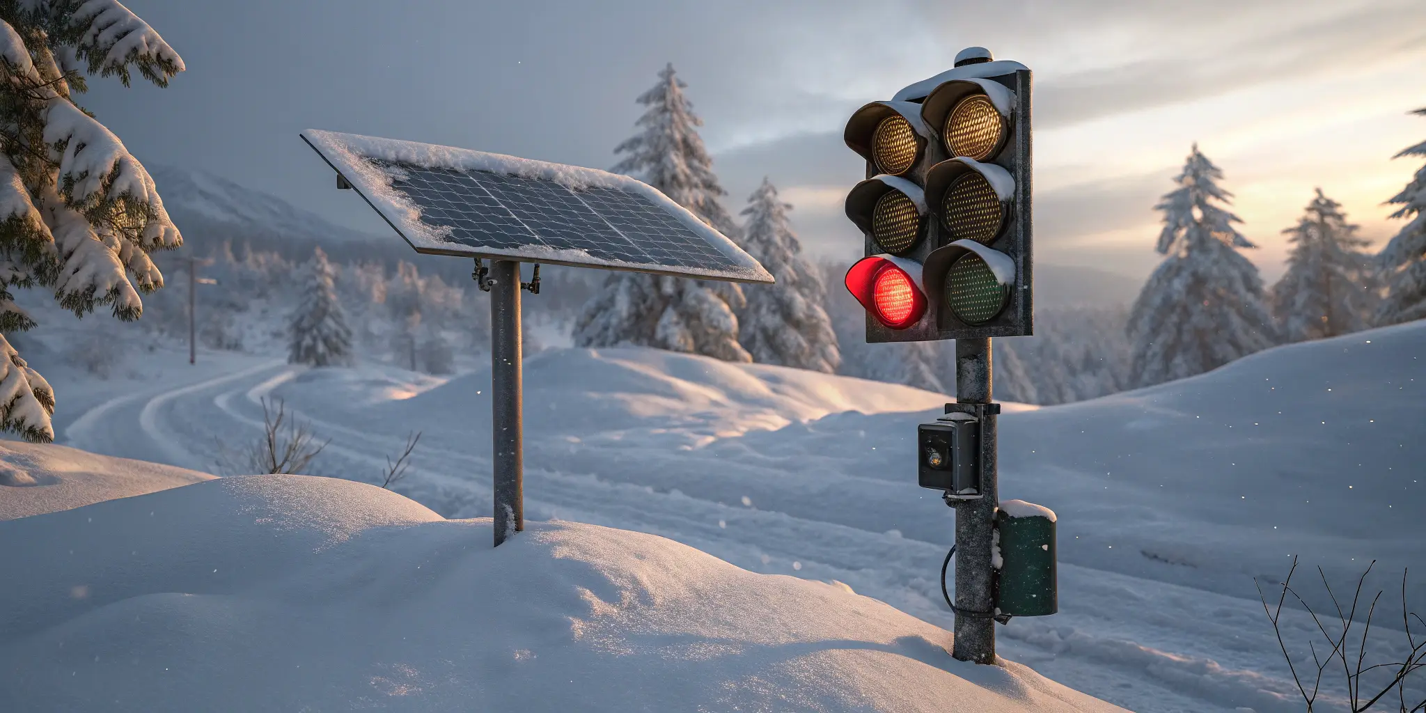 Snow-covered solar-powered traffic light in winter landscape