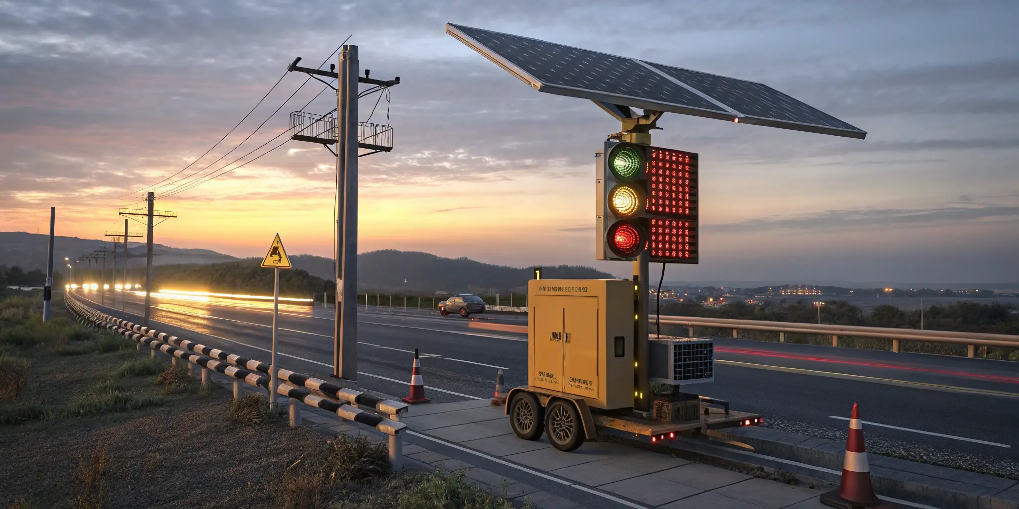 Solar-powered traffic light operating under stormy skies