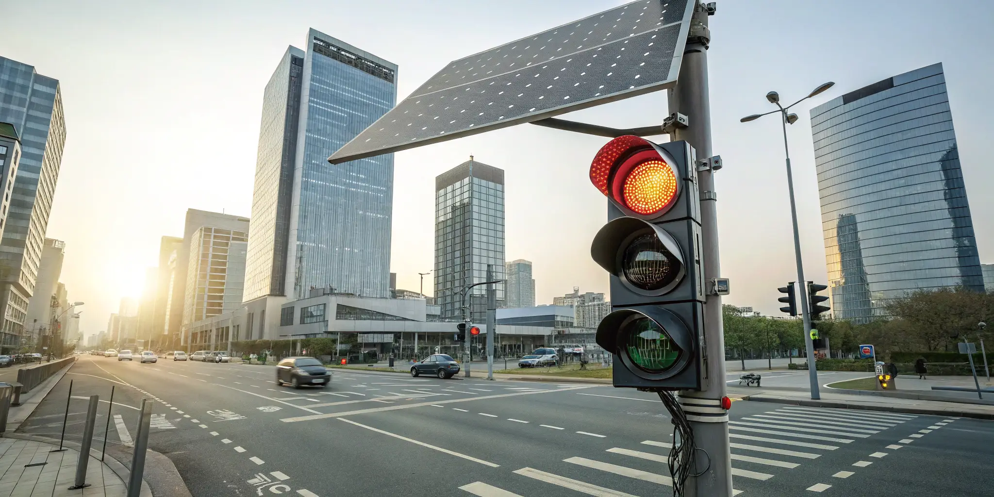 Solar-powered traffic light at an urban intersection