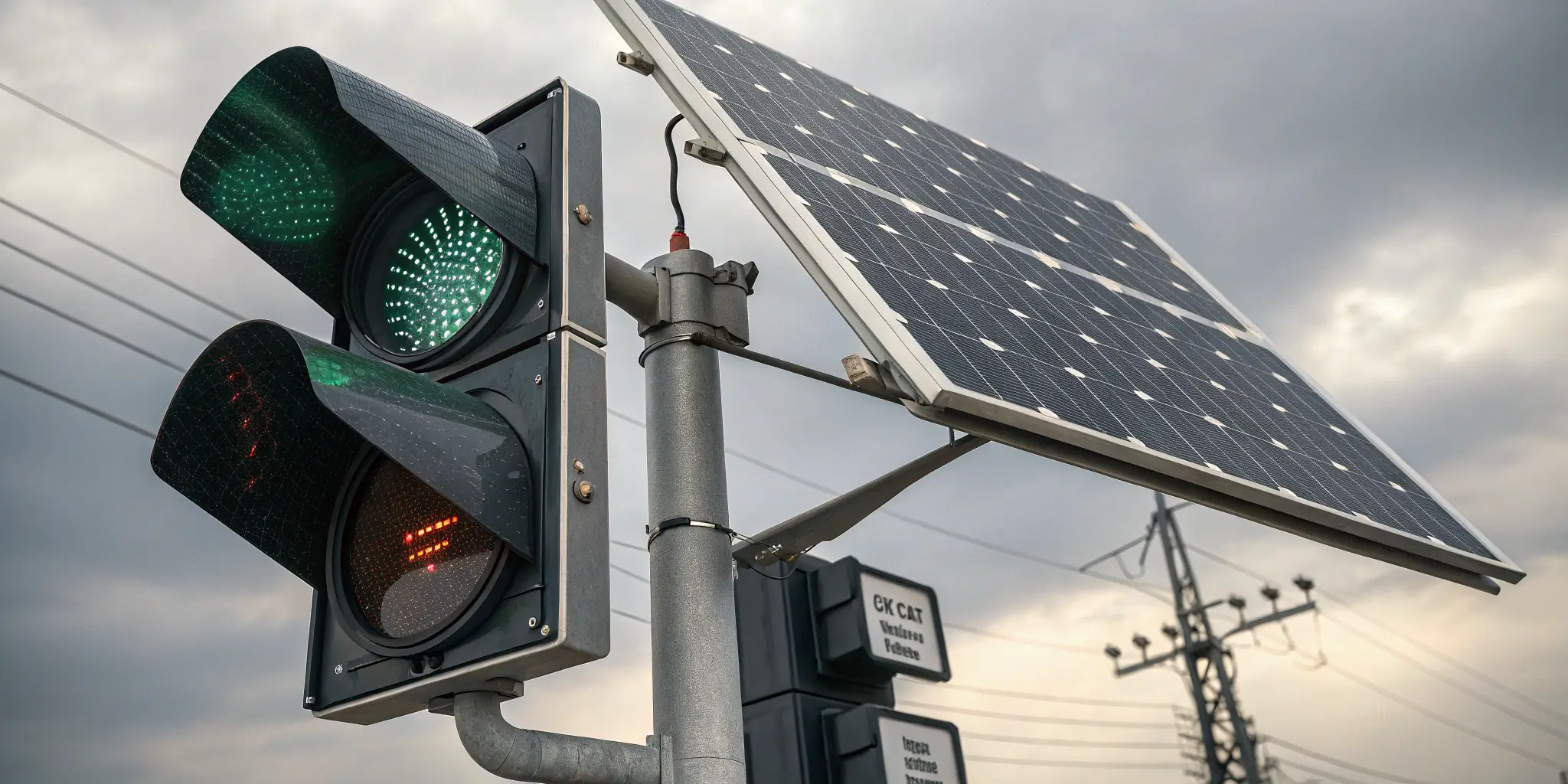 Solar-powered traffic light functioning under cloudy conditions
