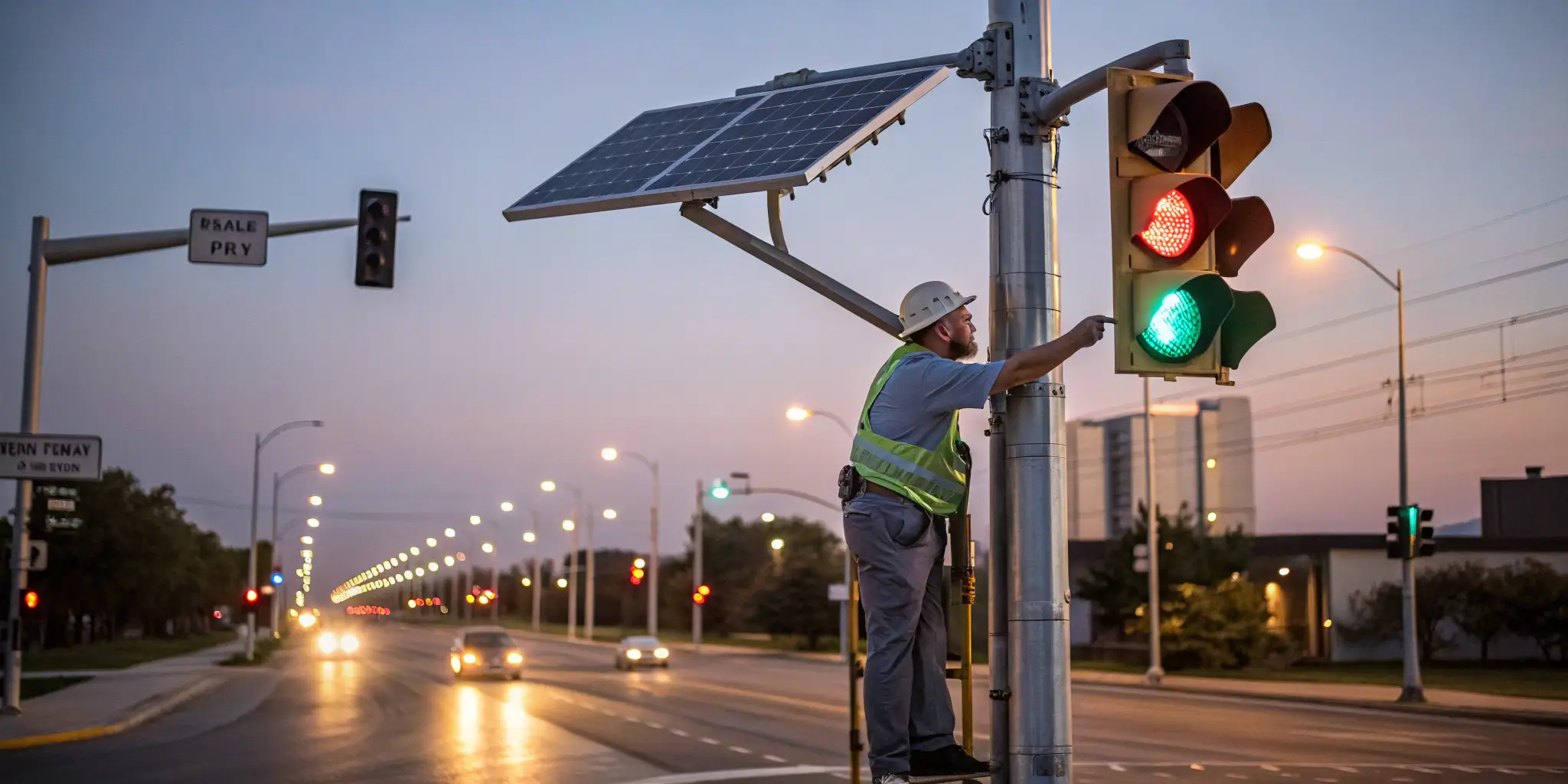Worker maintaining solar-powered traffic light at dusk