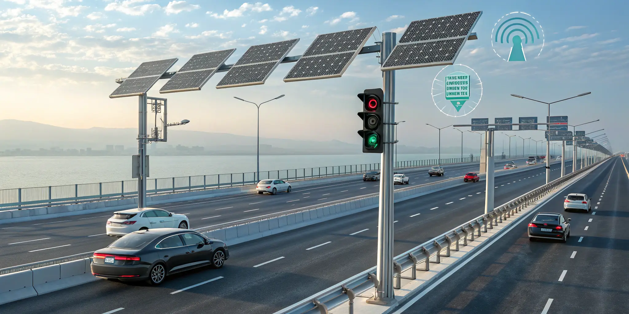 Solar-powered traffic lights on a modern bridge, sustainable transportation