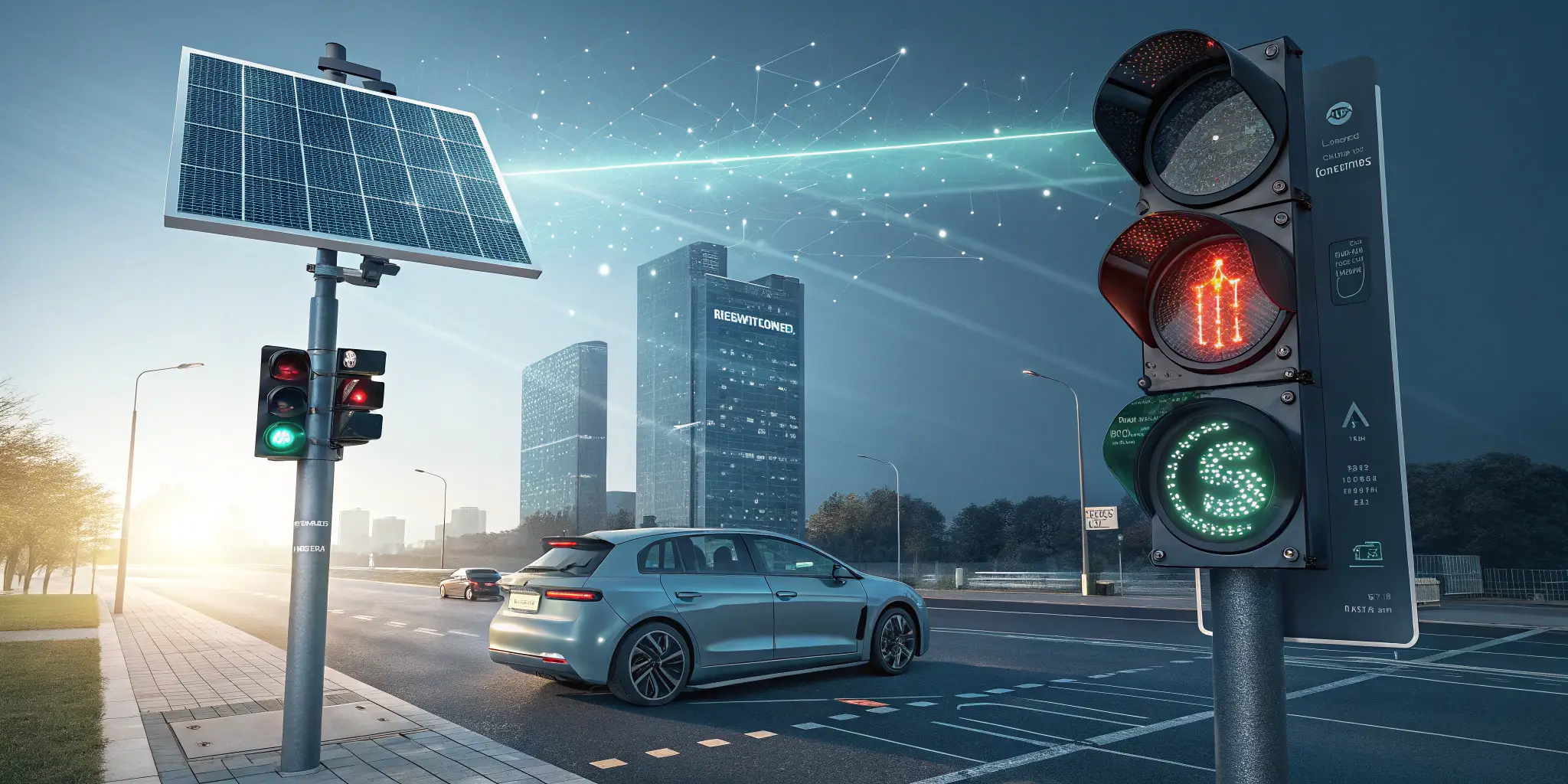 Smart solar-powered traffic light at modern intersection