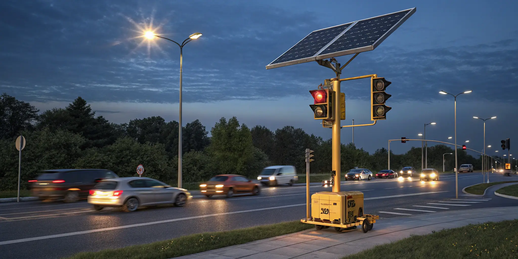 Solar traffic light system at night, sustainable energy