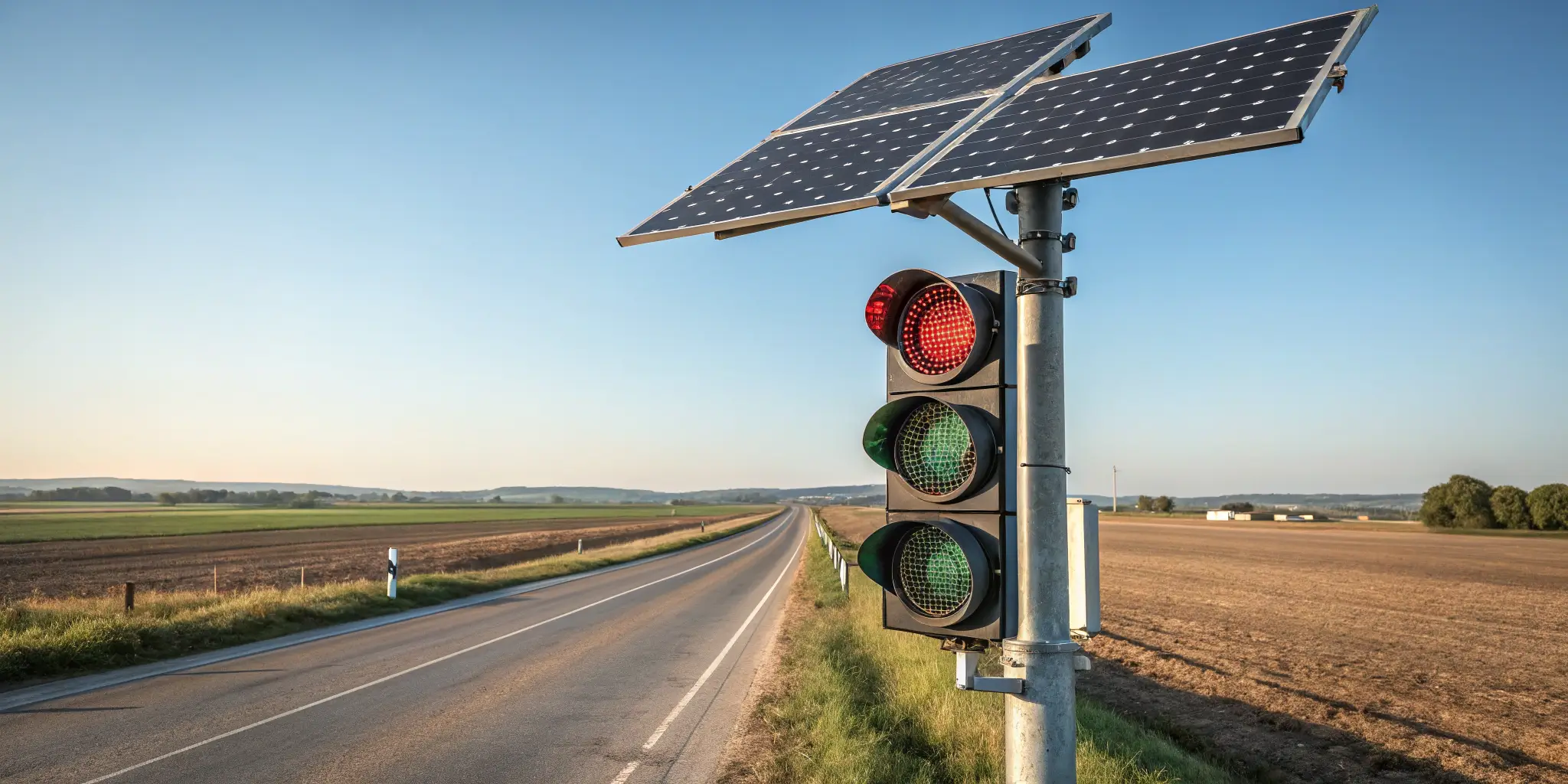 Rural road with a solar-powered traffic light system