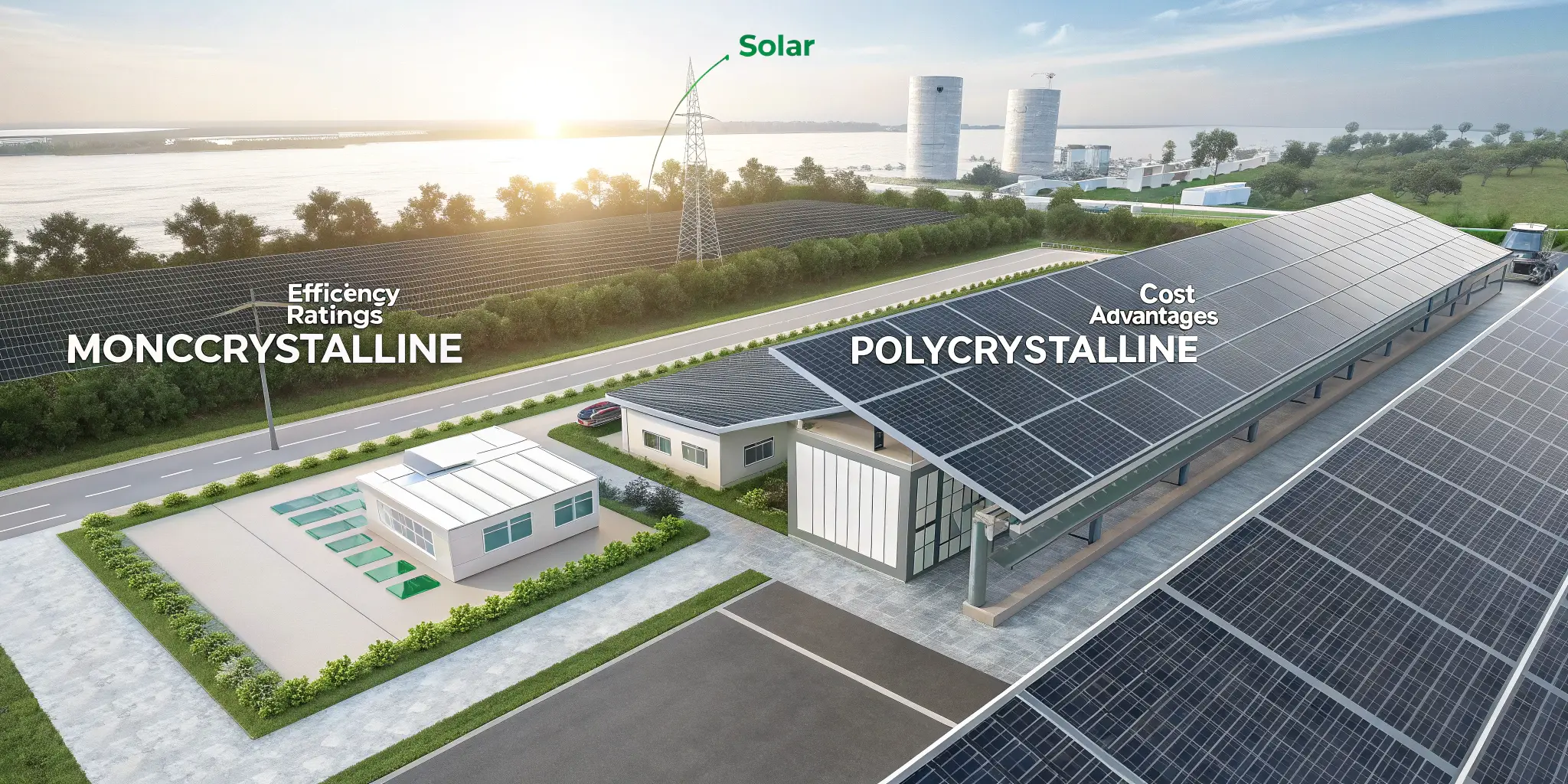 Comparison of monocrystalline and polycrystalline solar panels in an industrial setting, highlighting [efficiency vs. cost benefits](https://www.energysage.com/solar/monocrystalline-vs-polycrystalline-solar/)[^2]