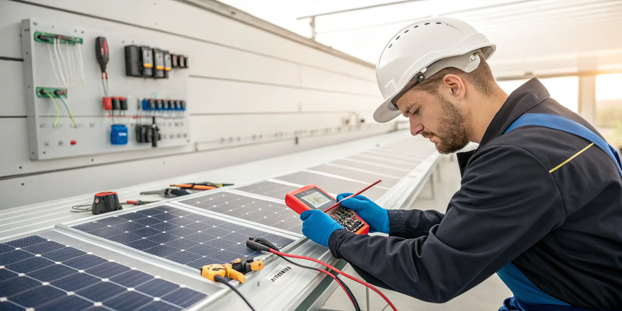 Technician testing a crimped solar connector with a multimeter