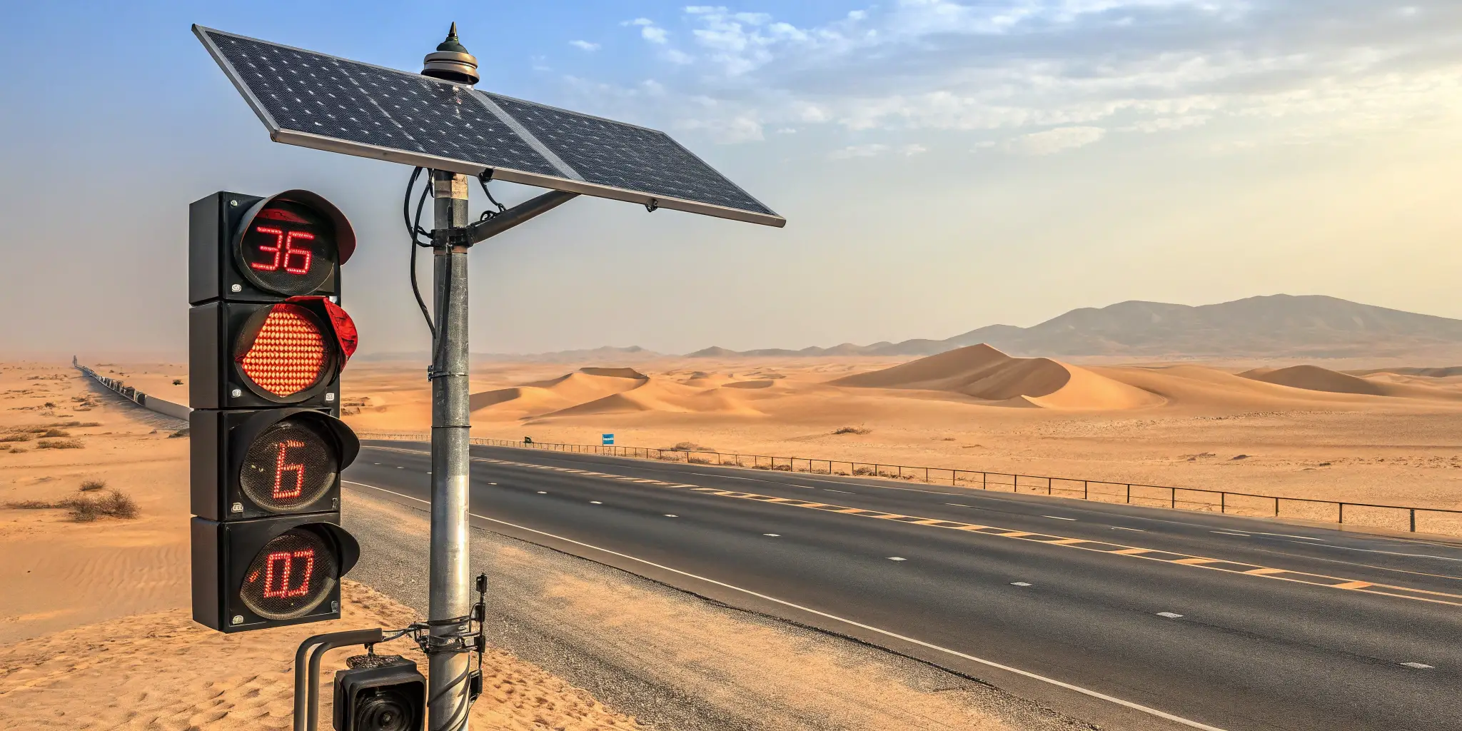 Solar traffic light in desert with heat-resistant panels and temperature optimization