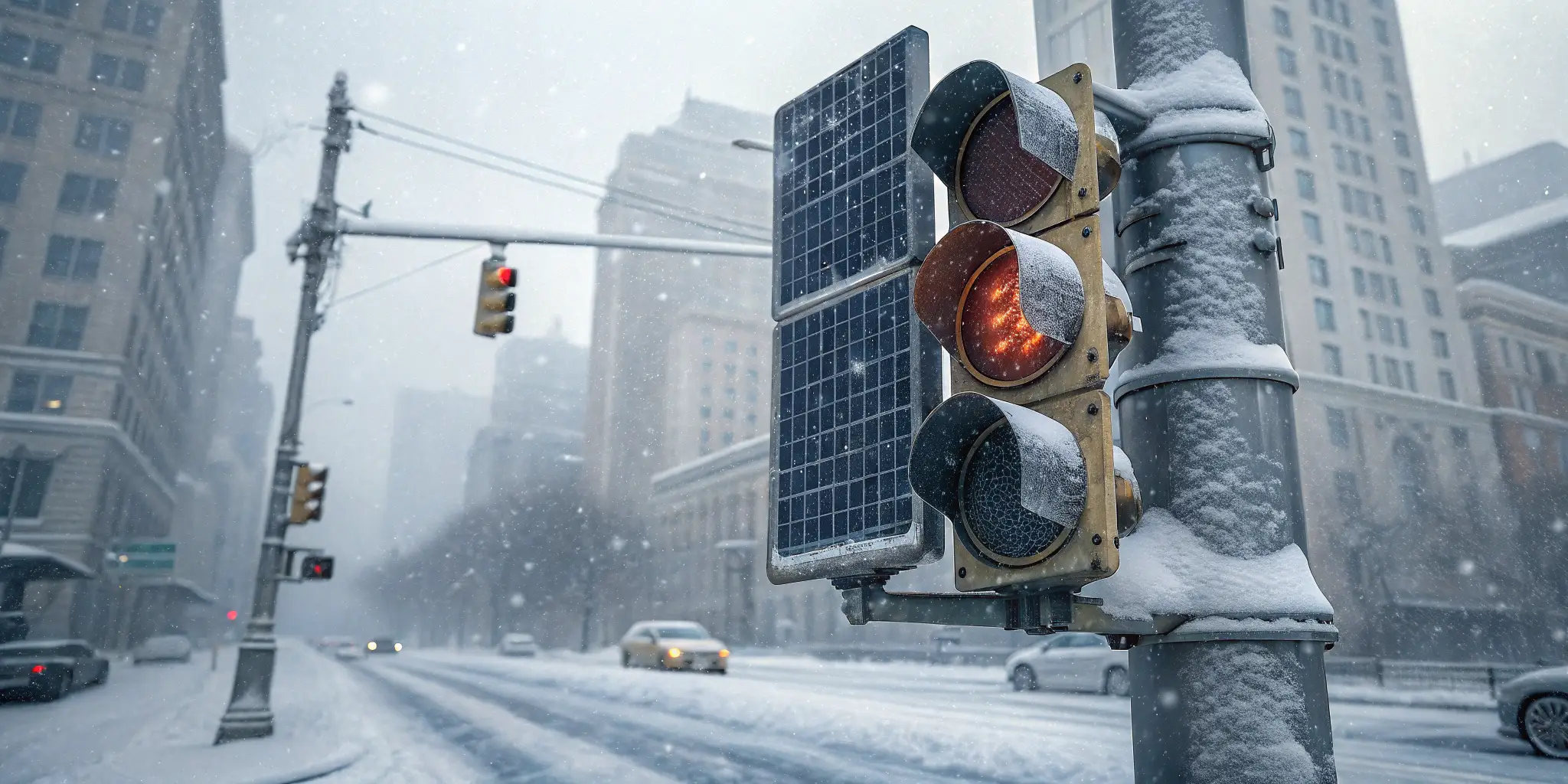 Solar-powered traffic light covered in snow, urban winter conditions