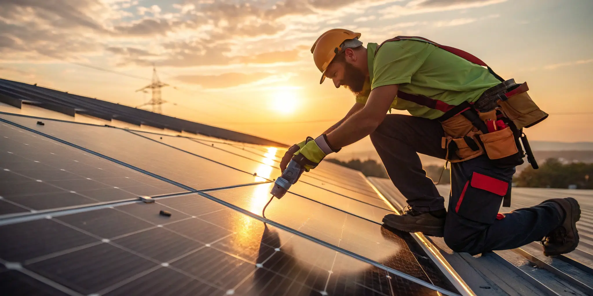 Solar technician applying no-oxide grease to MC4 connector, sunset lighting on solar array, safety-focused scene