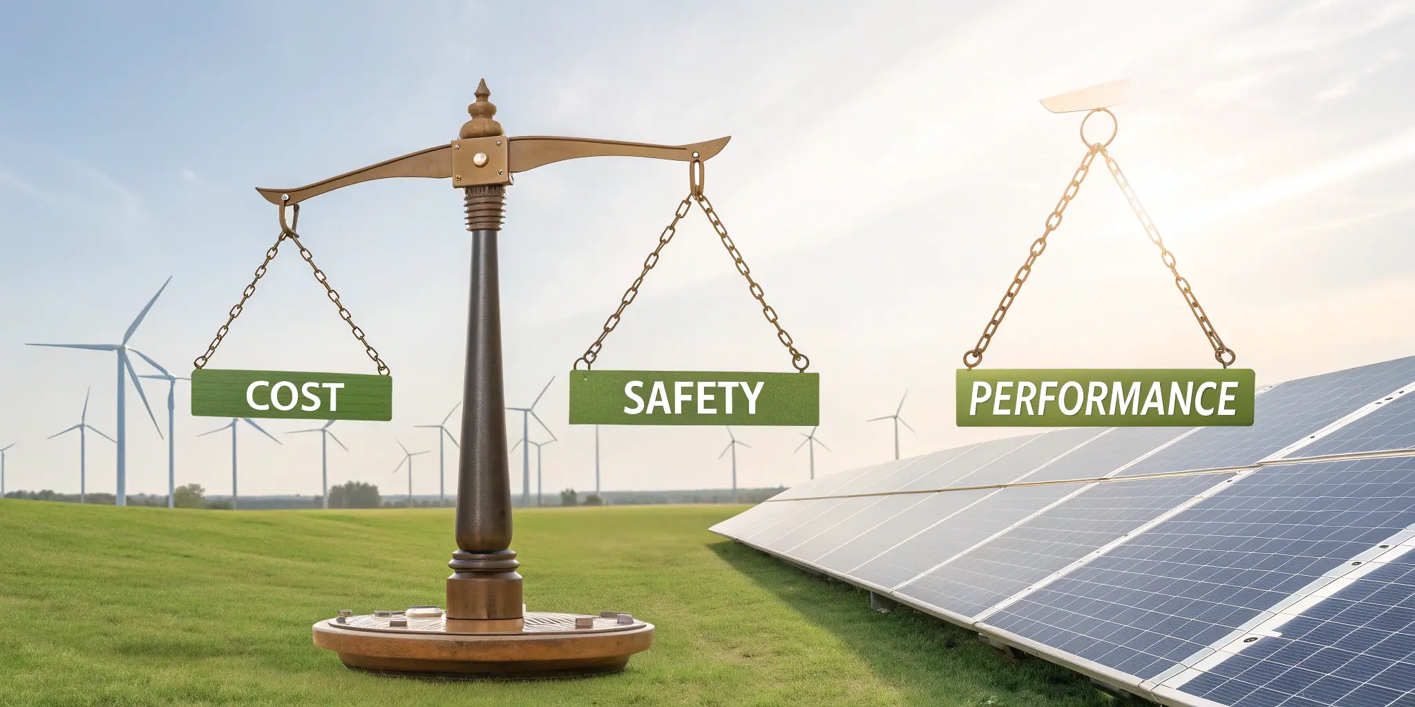 A symbolic balance scale showing trade-offs between cost, safety, and performance in a renewable energy setting with wind turbines and solar panels