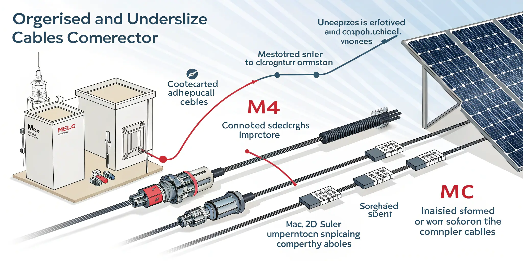 Illustration of organized vs undersized cable connections in a solar system, showing connectors and combiner boxes