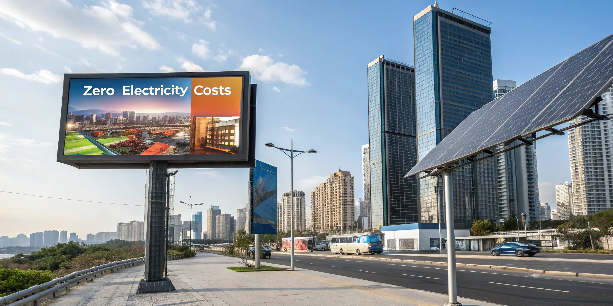 Solar-powered digital billboard on a roadside with skyscrapers in the background