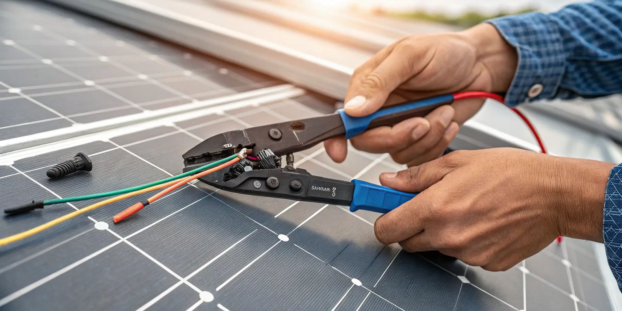 Close-up of hands crimping colored wires on a solar panel using a wire tool