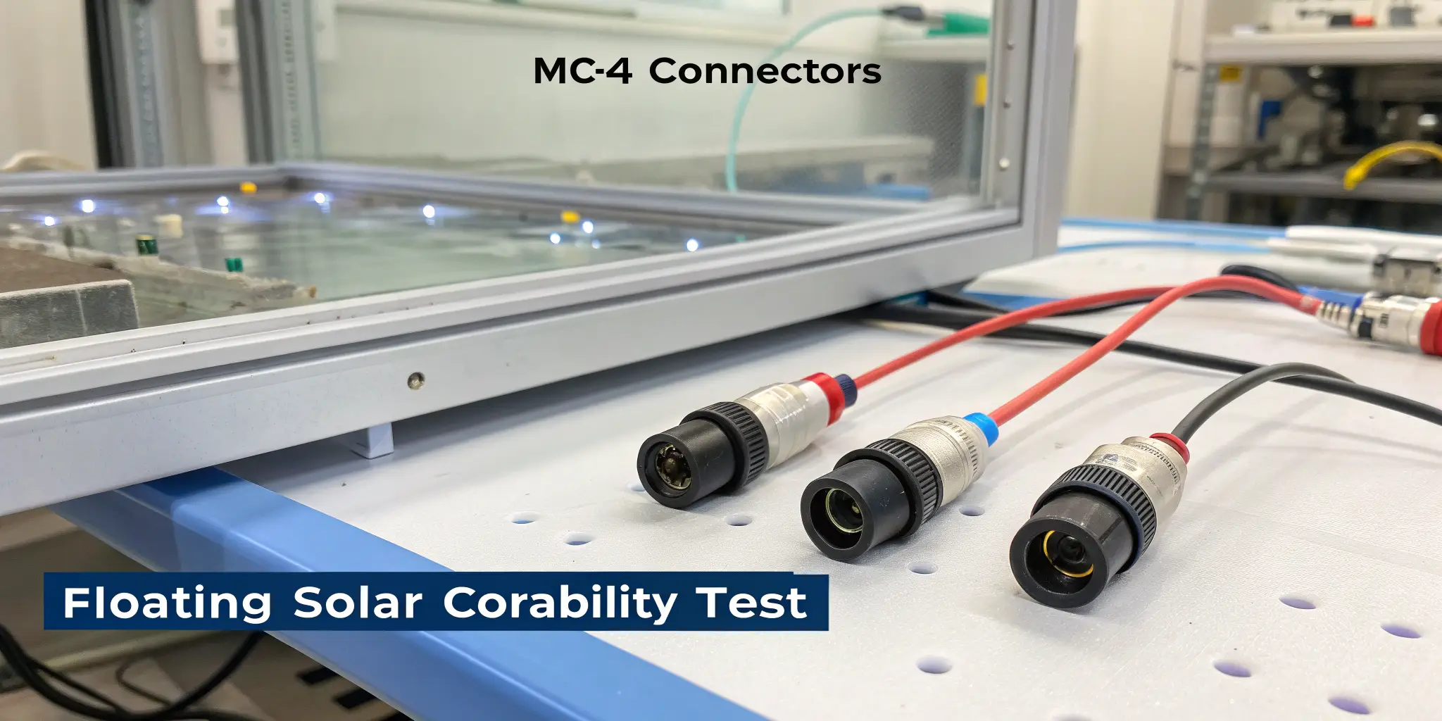 MC4 connectors under simulated stress: UV lamp, saltwater mist, temperature fluctuation, labeled: “Floating Solar Durability Test”, lab setting
