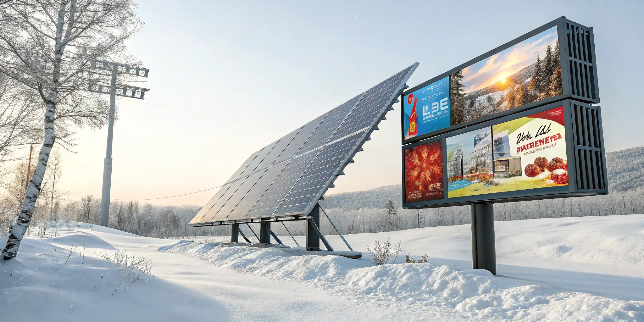 Solar-powered billboard in snowy landscape