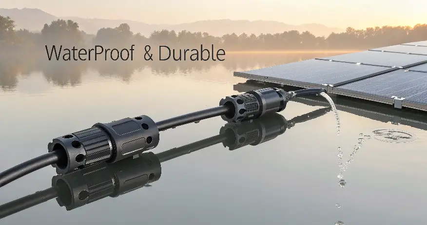 MC4 connectors installed on floating solar panels on a calm lake with water droplets, tag: “Waterproof & Durable”, golden hour lighting