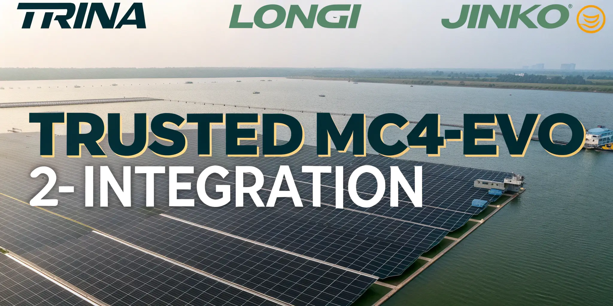 Stylized infographic with logos of Trina, LONGi, Jinko overlaying a floating solar farm background, text: “Trusted MC4-Evo 2 Integration”, clean premium marketing layout