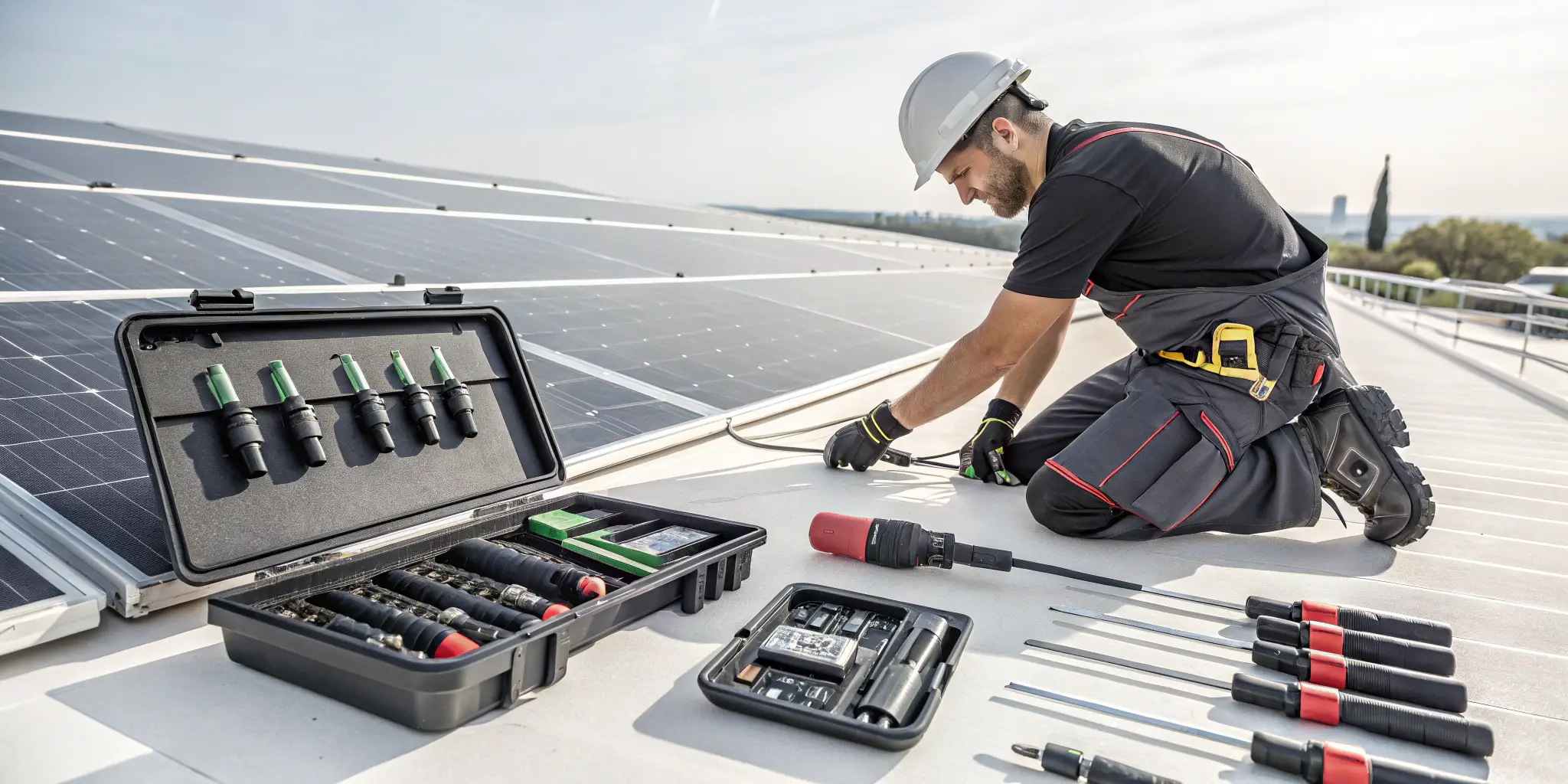 Technician kneeling on rooftop working on solar panel wiring next to an open toolkit