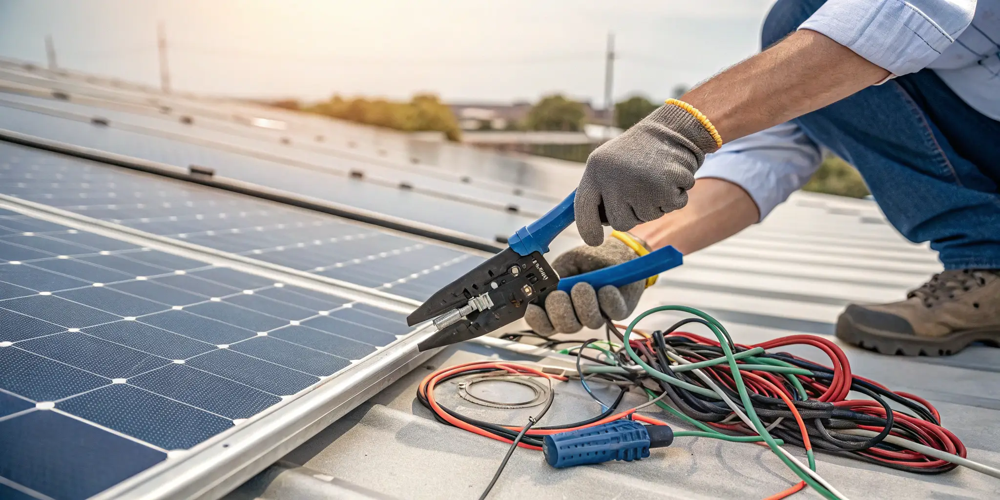 Solar technician uses pliers instead of crimping tool, messy wires, solar panels in background