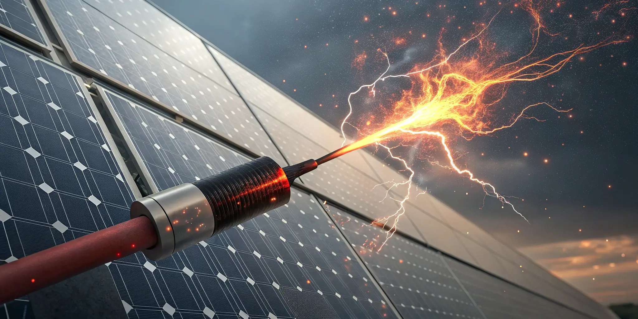 Electrical arcing at a damaged solar cable connection with solar panels in background