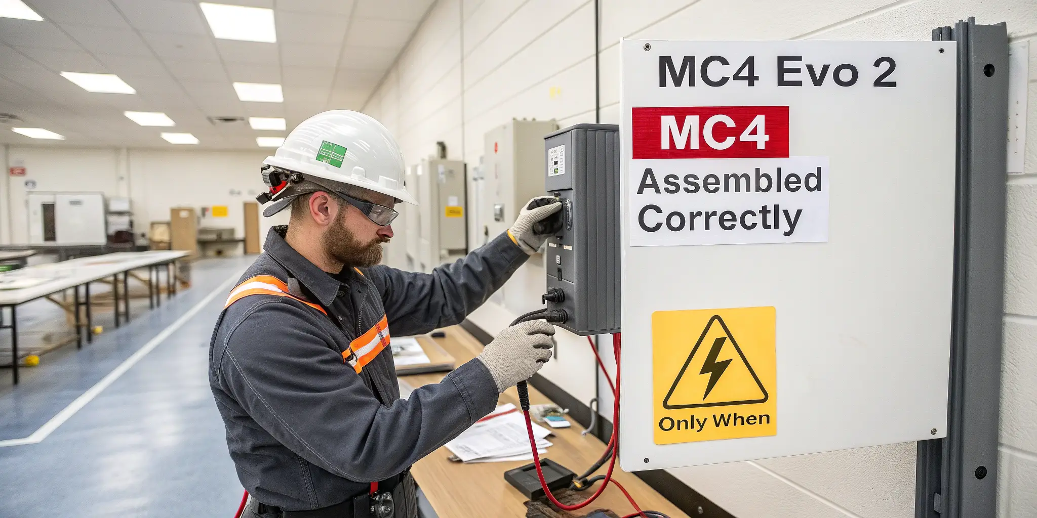 Engineer testing MC4-Evo 2 connector system on wall panel