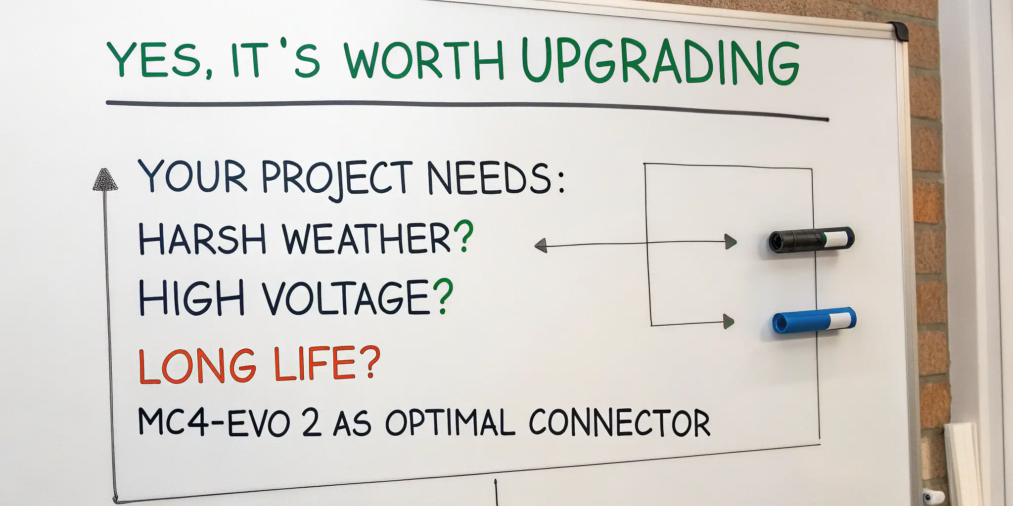 Whiteboard stating MC4-Evo 2 is best for harsh weather, high voltage, and long life