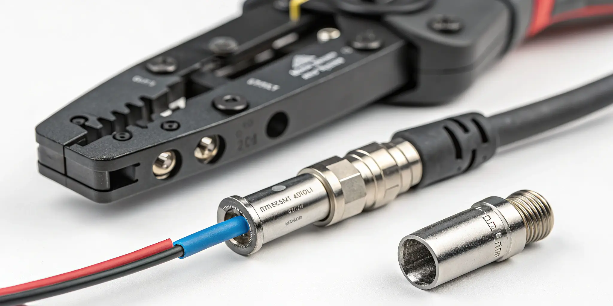 Crimping tool with PV cable and connector parts
