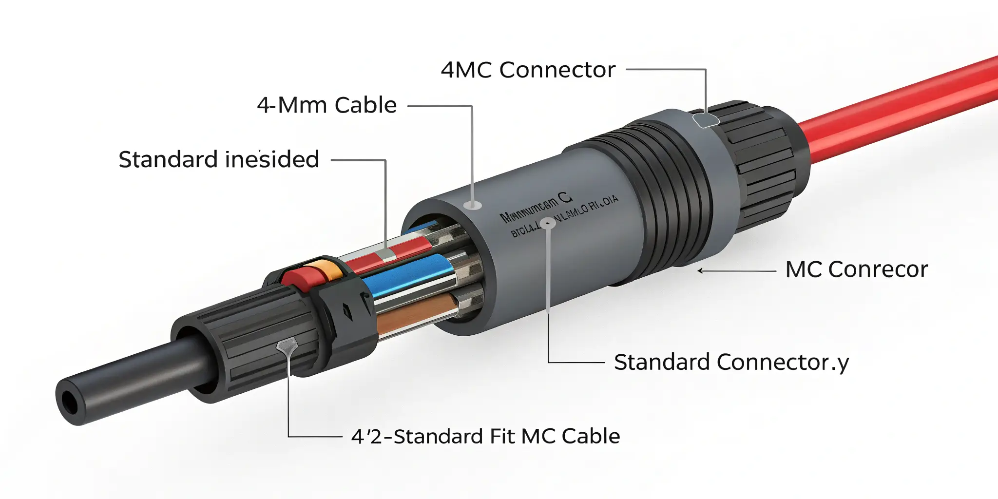 Detailed cutaway view of a 4mm MC connector with internal cable structure labeled