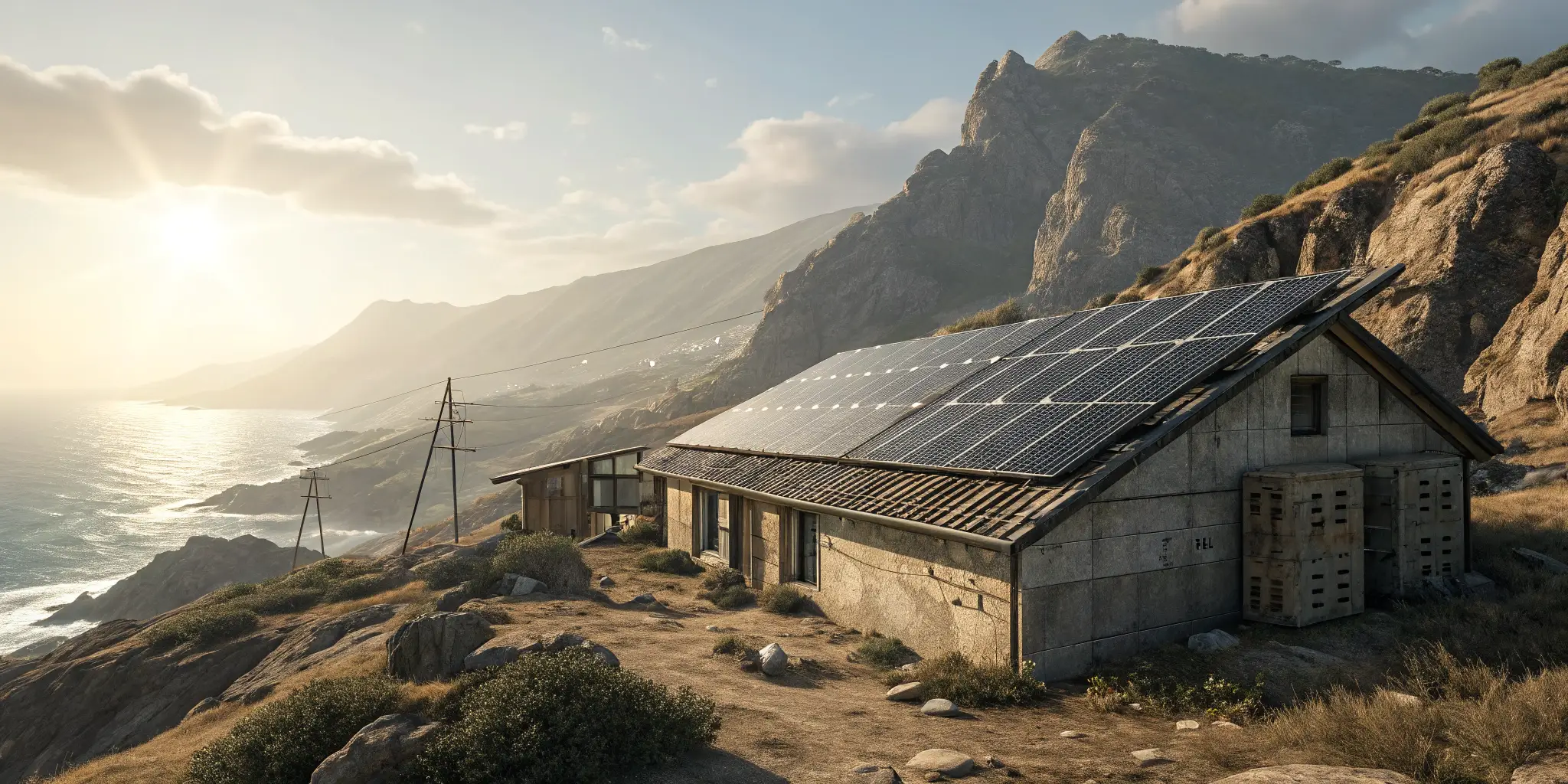 Remote house with solar panels facing the ocean cliffs at sunset