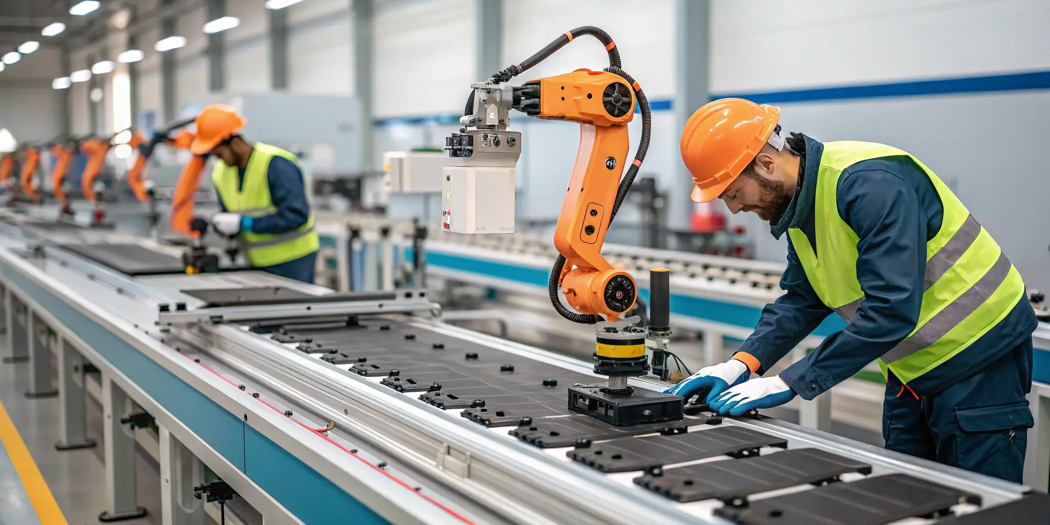 Technicians and robots assembling solar panels in a modern factory line