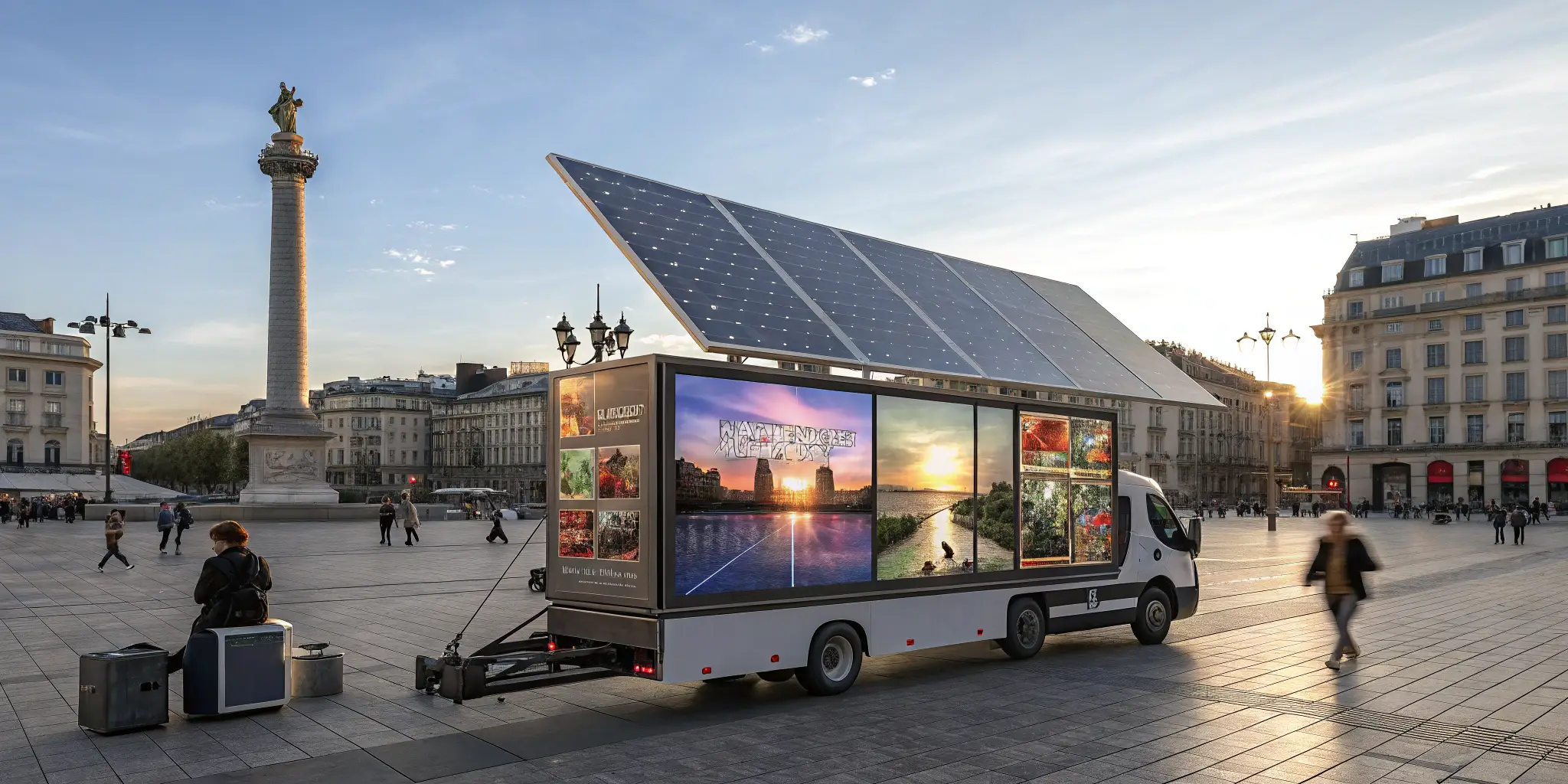 Mobile solar-powered advertising truck in a European city square at sunset