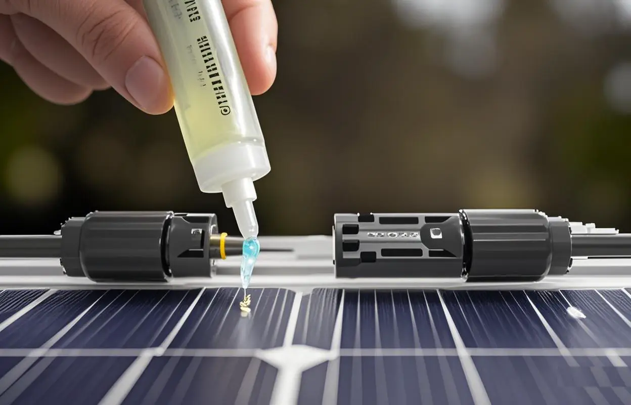 Hand applying lubricant to MC4 connectors before installation on a solar panel