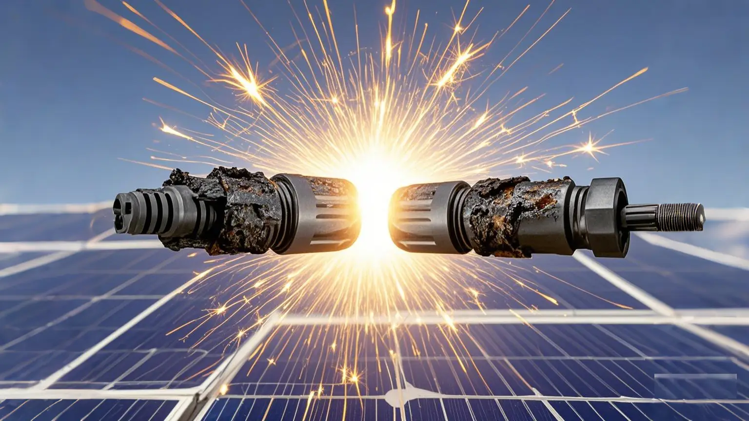 Burned MC4 connectors causing electrical sparks over a solar panel background