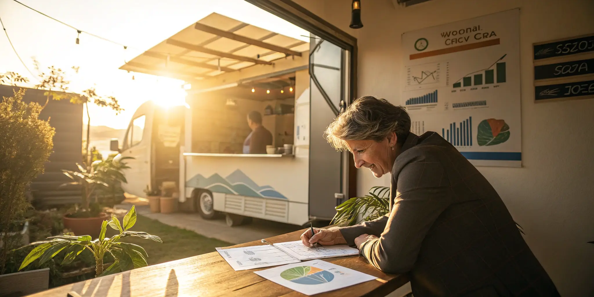 Small business owner examining charts of solar investment payback reaching breakeven in 2–3 years, sunlight from window on mobile solar billboard