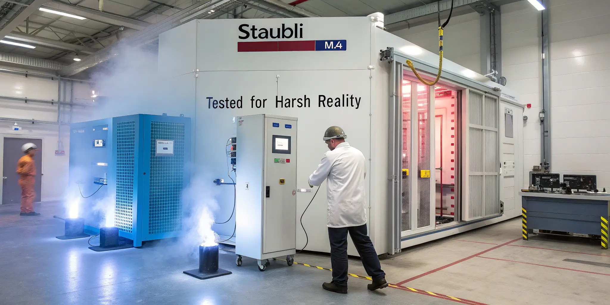 Staubli MC4 connectors undergoing stress testing with UV light, humidity, and heat lamps in an environmental chamber, label: “Tested for Harsh Reality”