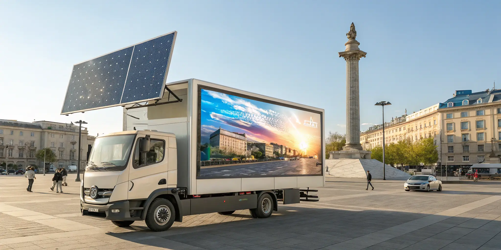 Solar-powered advertising truck in an urban square with a large LED screen