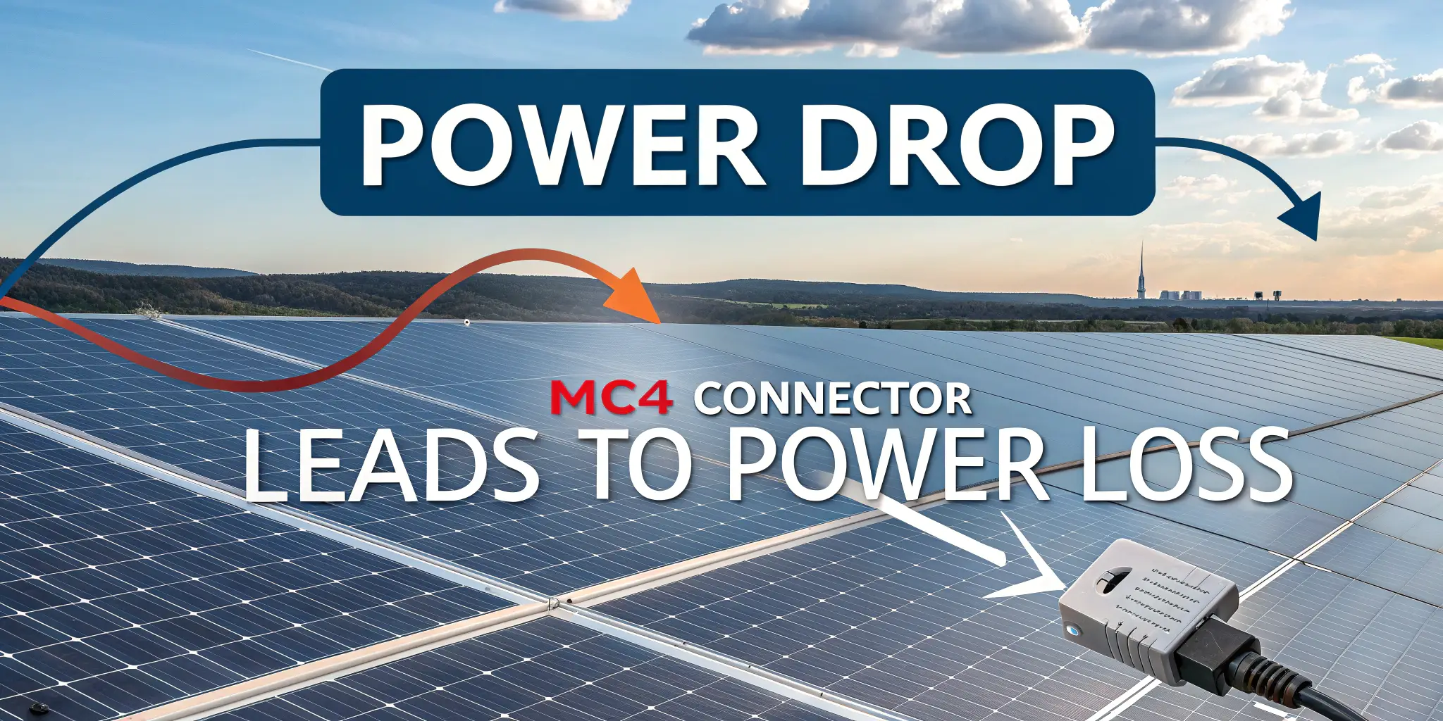 Infographic showing power drop due to degraded MC4 connector in floating PV setup, with arrows pointing to heat, resistance, corrosion, text overlay: “Leads to Power Loss”