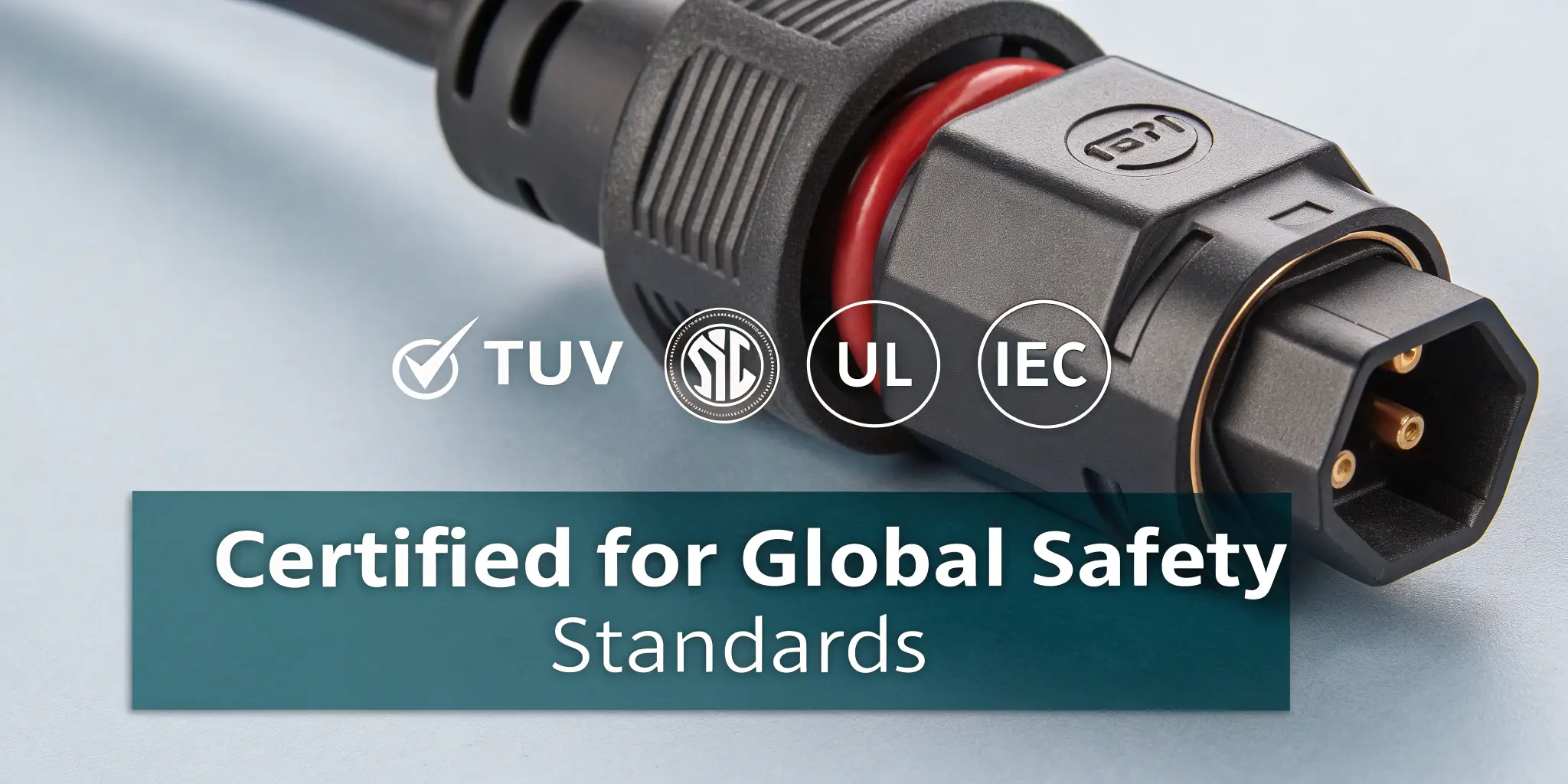 Close-up of genuine Staubli MC4 connector with embossed TÜV, UL, and IEC certifications, overlay text: “Certified for Global Safety Standards”