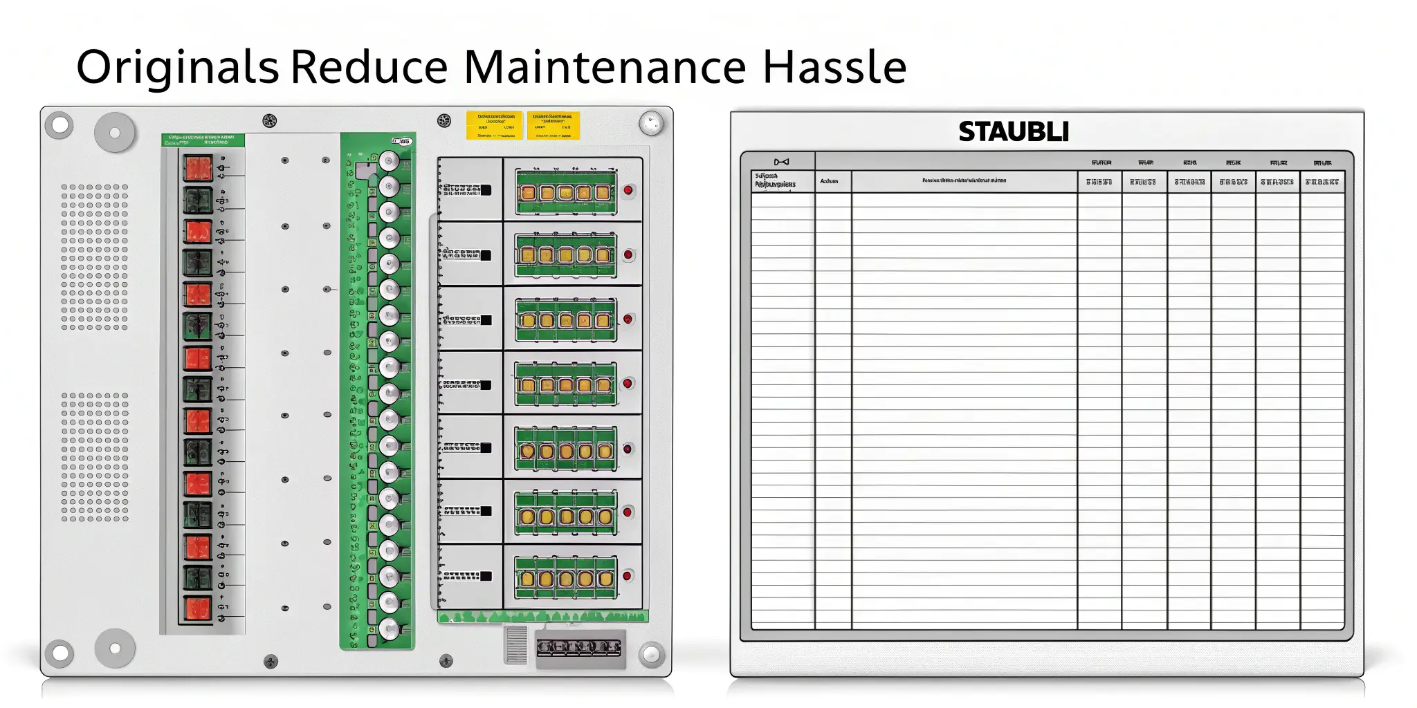 Maintenance Ease with Staubli Side-by-side: left frequent maintenance logs for generic connectors, right blank logs under Staubli label, caption: “Originals Reduce Maintenance Hassle”